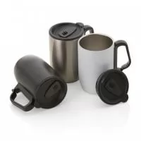 Caneca térmica em aço inox parede dupla com alça e tampa plástica. 350ml. 12,3x8cm
