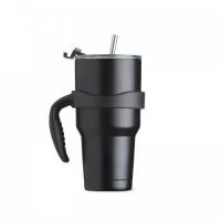 Caneca térmica de inox com capacidade para 800 ml, contém duas tampas, sendo uma acrílica com bocal, trava de segurança, e uma pequena tampa acoplada emborrachada para dissipação da temperatura, e a segunda tampa acrílica, contém compartimento que ao deslizar acessará ao bocal. Acompanha canudo de inox e escovinha de limpeza.