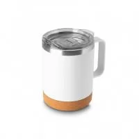 Caneca térmica em aço inox com parede dupla, capacidade de 350ml. Contém tampa com acesso para o bocal e base em cortiça.