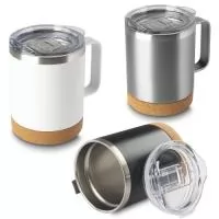 	Caneca térmica em aço inox com parede dupla isolada à vácuo, tampa plástica e anel em silicone para vedação, alça lateral em inox na cor do produto, base em cortiça. Capacidade 350ml.