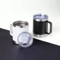 Caneca térmica de inox 390ml com parede dupla. Contém tampa acrílica com bocal e trava de segurança.