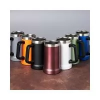 Caneca térmica de inox com pegador plástico, capacidade de 700ml.