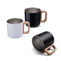 Descrição: Caneca térmica com parede dupla em inox, pintura externa eletrostática, alça em madeira e capacidade máxima de 400ml.  Altura :  8,6 cm  Largura :  12,2 cm  Circunferência :  28 cm