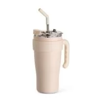 Caneca térmica em inox com capacidade máxima de 800ml. Possui estrutura em parede dupla, alça ergonômica em plástico, tampa rosqueável com vedação a vácuo, protetor para bocal e acesso para canudo com tampa em silicone. Acompanha canudo de inox com ponta de silicone removível.