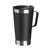 Caneca térmica de inox com capacidade para 500ml. Acompanha uma tampa de plástico e um abridor de garrafas. O abridor fica preso em um encaixe existente na tampa, porém é removível.
