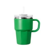Caneca de parede dupla com interior em inox 304, revestimento externo e alça em plástico polipropileno (PP) e capacidade máxima de 550ml. Possui tampa de pressão em AS com protetor para o bocal em PP, além de acesso para canudo e anel de vedação em silicone, permitindo duas formas de consumo de bebidas. Acompanha canudo plástico.