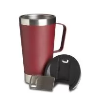 Caneca térmica de inox com capacidade para 500ml. Acompanha uma tampa de plástico e um abridor de garrafas. O abridor fica preso em um encaixe existente na tampa, porém é removível.