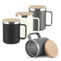 Caneca térmica 400ml, produzida em inox reciclado (304 interno / 201 externo), com tampa em bambu, pintura a pó.