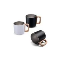 Caneca térmica com parede dupla em inox, pintura externa eletrostática, alça em madeira e capacidade máxima de 400 ml. Altura : 8,6 cm Largura : 12,2 cm Circunferência : 28 cm Peso aproximado g : 143