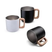 	Caneca térmica com capacidade de 400ml, parede dupla em aço inox (304 interno / 201 externo), alça em madeira.