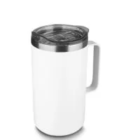 Caneca térmica em aço inox com parede dupla isolada à vácuo, tampa plástica e anel em silicone para vedação, alça lateral. Capacidade 750ml. Conserva líquidos quentes por até 4 horas e frios por até 6 horas