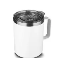 Caneca térmica em aço inox com parede dupla isolada à vácuo, tampa plástica e anel em silicone para vedação, alça lateral. Capacidade 350ml. Conserva líquidos quentes por até 3 horas.