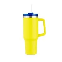 Caneca térmica 1,2 litros em inox 304 com parede dupla, tampa acrílica rosqueável com acesso para canudo e pegador plástico. Acompanha canudo.