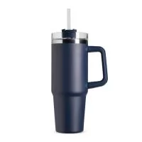 Caneca térmica até 900ml, parede dupla, interior inox 304, exterior inox 201 pintado. Tampa rosqueável acrílica com acesso para canudo.