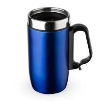 Caneca 250ml parede dupla em Inox, pegador de plástico, tampa com compartimento deslizante e base com EVA antiderrapante.