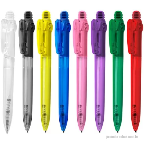 Caneta com clip personalizada - Caneta plástica translúcida esferográficaretrátil com grip, escrita azul e disponível em diversas cores. Confortável, funcional e ideal para ações promocionais.