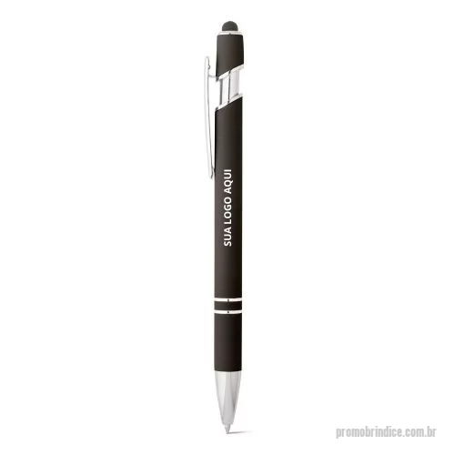 Caneta com clip personalizada - A Caneta Esferográfica em Alumínio é moderna e funcional, ideal para uso diário ou como brinde corporativo sofisticado. Com acabamento emborrachado e clipe metálico, oferece conforto na escrita e estilo elegante. Possui ponteira touch no topo, permitindo uso em telas sensíveis ao toque. Sua escrita em azul tem autonomia de até 1,5 km, garantindo durabilidade e praticidade.  Dimensões:  ø10 x 143 mm  Personalização: Gravação a laser