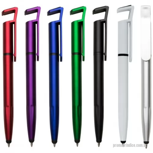 Caneta com suporte personalizada - Caneta Plástica com Touch com suporte para celular, caneta inteira colorida com detalhes preto