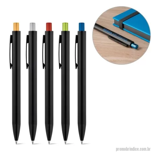 Caneta de alumínio personalizada - Esferográfica em alumínio com acabamento mate, botão com acabamento brilhante e clipe de metal. Corpo com duplo acabamento. Escrita em azul. ø10 x 140 mm