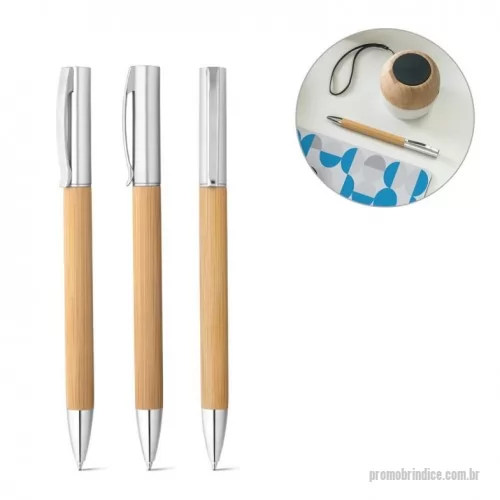 Caneta de bambu personalizada - Esferográfica em bambu e ABS com acabamento metálico mate. Possui mecanismo twist e clipe em metal. Escrita a azul. Ø10 x 142 mm