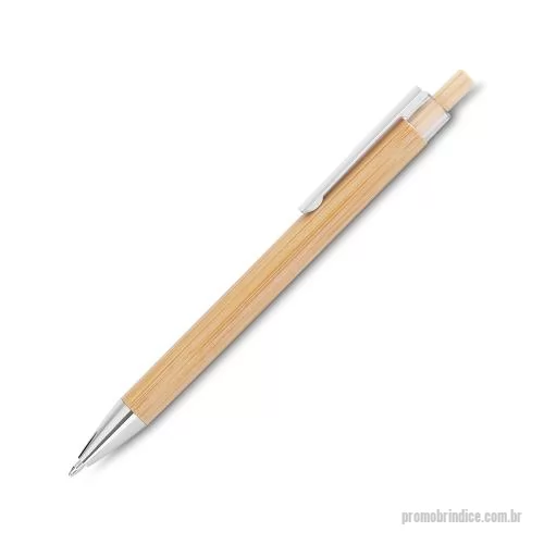 Caneta de bambu personalizada - Caneta com corpo em bambu, acionador em bambu com detalhe plástico, ponteira e clipe cromado.