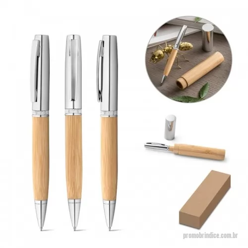 Caneta ecológica personalizada -  caneta esferográfica em bambu fornecido em caixa de presente em papel kraft.