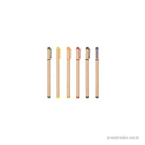 Caneta ecológica personalizada - Caneta de material kraft com tampa, possui clip plástico colorido,  anel e parte inferior plástica colorida.