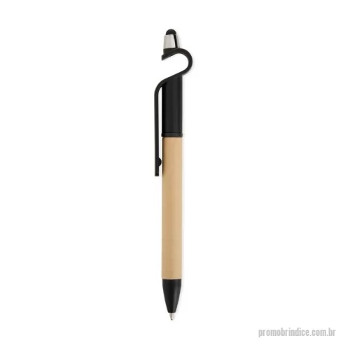 Caneta ecológica personalizada - Caneta de papelão com detalhes plásticos, contém suporte para celular e touch screen. Carga esferográfica azul e acionamento por rotação.  Altura :  14,8 cm  Largura :  1,6 cm