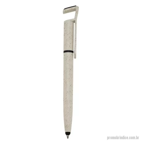Caneta ecológica personalizada - Caneta fibra de bambu com suporte para celular, ponteira touch screen e limpador de tela. Carga esferográfica azul e acionamento por rotação.