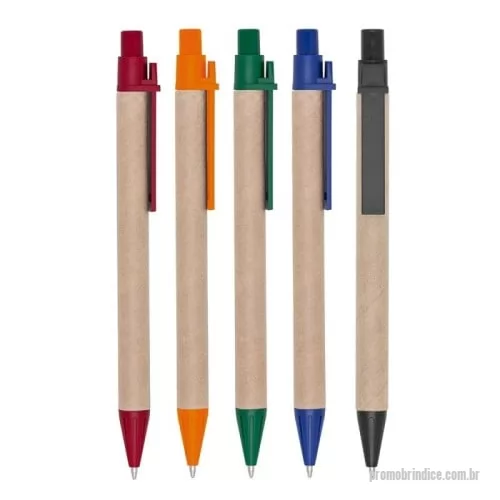 Caneta ecológica personalizada - Caneta de papelão com detalhes plásticos, carga esferográfica azul 1.0 mm e acionamento por clique.