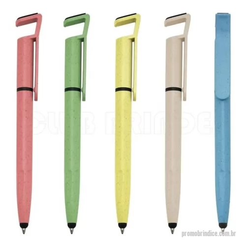 Caneta ecológica personalizada - Caneta fibra de bambu com suporte para celular, ponteira touch screen e limpador de tela. Carga esferográfica azul 1.0 mm e acionamento por rotação. Gravação da logomarca em 1 cor já inclusa.