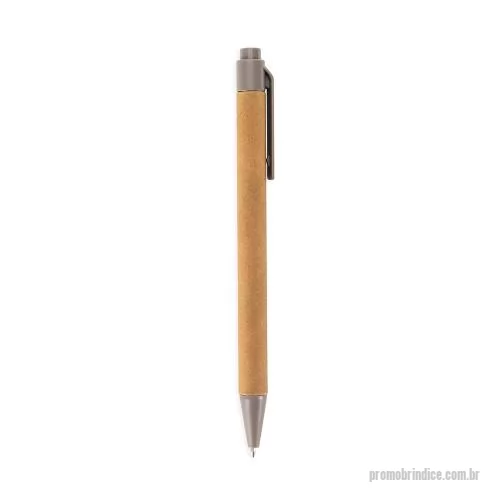 Caneta ecológica personalizada - Caneta com corpo em papelão, ponteira e clip em plástico ABS, com acionamento por clique e carga esferográfica azul de 1,0mm.
