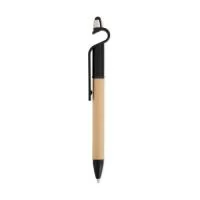 Caneta de papelão com detalhes plásticos, contém suporte para celular e touch screen. Carga esferográfica azul e acionamento por rotação.  Altura :  14,8 cm  Largura :  1,6 cm