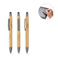 Esferográfica em bambu com clipe em metal e acabamento mate. Possui ponteira touch em cinza metálico para contato apropriado com ecrãs táteis. Escrita a preto. Ø11 x 141 mm Peso: 12g