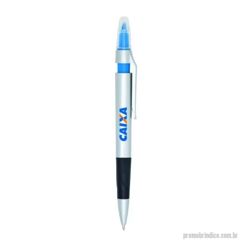 Caneta marca texto personalizada - Caneta plástica com marca texto, contém detalhe emborrachado e tampa protetora para o marca texto. Carga esferográfica azul e acionamento por clique.