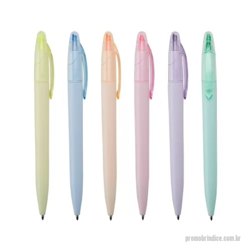 Caneta marca texto personalizada - Descrição: Caneta plástica com marca texto com tampa protetora para o marca texto, carga esferográfica azul 1.0mm e acionamento por rotação.