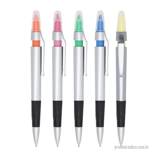 Caneta marca texto personalizada - Descrição: Caneta plástica com marca texto, contém detalhe emborrachado e tampa protetora para o marca texto. Carga esferográfica azul e acionamento por clique.   OBS.: PEDIDOS MÍNIMO DE 50 PEÇAS!  Medidas aproximadas para gravação (CxL):  3,4 cm x 1 cm  Tamanho total aproximado  (CxL):  14,8 cm x 1,7 cm  Peso aproximado (g):  10
