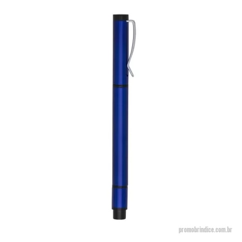 Caneta marca texto personalizada - Caneta metálica com marca texto amarelo e carga esferográfica azul 1.0mm, ambas com tampas protetoras.