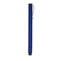 Caneta metálica com marca texto amarelo e carga esferográfica azul 1.0mm, ambas com tampas protetoras.