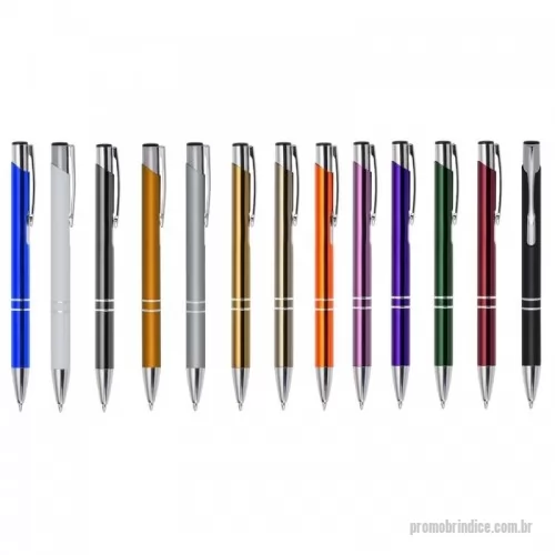 Caneta metálica personalizada - Caneta metal inteira colorida com detalhes prata. Clip metal com a ponta do acionador preto, parte inferior com dois anéis prata. Aciona por clique