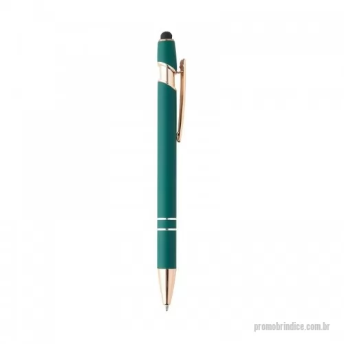Caneta metálica personalizada - Caneta metálica touchscreen com acabamento similar à borracha, acionamento por clique e carga esferográfica azul 1.0mm.