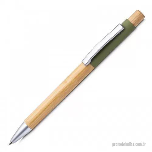 Caneta metálica personalizada - Caneta esferográfica em alumínio reciclável com escrita em azul. Refil parker e acionador e corpo em bambu.