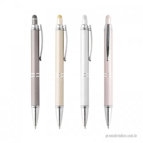 Caneta metálica personalizada - Caneta metal personalizada. Caneta metálica touchscreen com parte inferior texturizada, acionamento por clique e carga esferográfica azul 1.0mm.