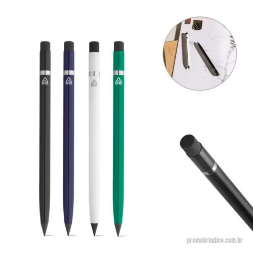 Caneta metálica personalizada - Caneta sem tinta em alumínio 100% reciclado, com tampa protetora em PE reciclado. Apta para um uso prolongado sem a necessidade de apontar. Na parte superior contém uma borracha que apaga com facilidade o que está escrito. ø8 x 150 mm