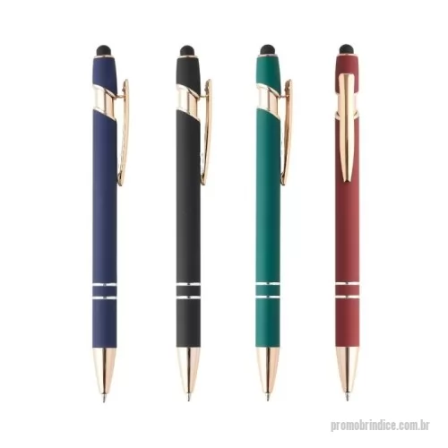 Caneta metálica personalizada - Descrição: Caneta metálica touchscreen com acabamento similar à borracha, acionamento por clique e carga esferográfica azul 1.0mm.  Largura :  1,5 cm  Comprimento :  14,1 cm  Medidas aproximadas para gravação (CxL):  0,7 cm x 3,5 cm  Peso aproximado (g):  18