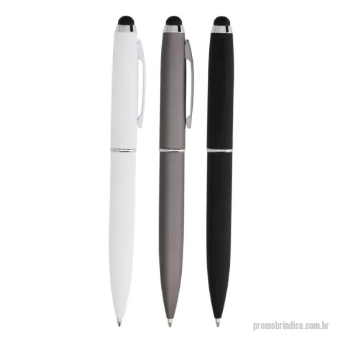Caneta metálica personalizada - Caneta metal Touch  Descrição: Caneta metálica touchscreen com acabamento emborrachado, acionamento por rotação e carga esferográfica azul 1mm.  Largura :  1,7 cm  Comprimento :  14,4 cm  Medidas aproximadas para gravação (CxL):  3 cm x 0,5 cm  Peso aproximado (g):  27