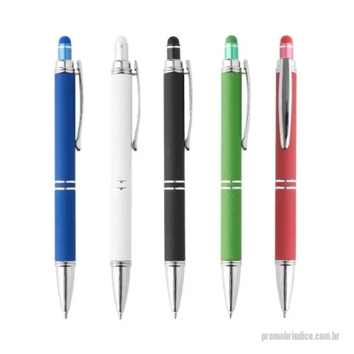 Caneta metálica personalizada - Caneta metálica touchscreen com acabamento similar à borracha e parte inferior texturizada, acionamento por clique e carga esferográfica azul 1.0mm.