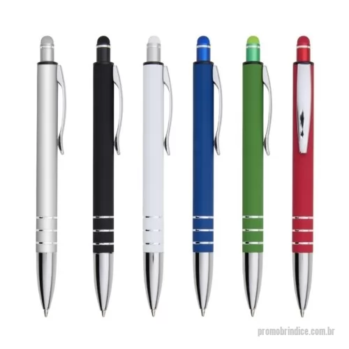 Caneta metálica personalizada - Caneta metálica touchscreen com acabamento emborrachado, acionamento por clique e carga esferográfica azul 1.0mm.