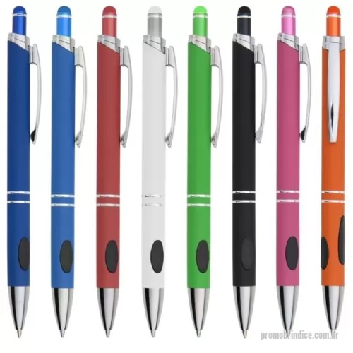 Caneta metálica personalizada - Caneta metálica touchscreen com acabamento emborrachado, acionamento por clique e carga esferográfica azul 1.0mm.