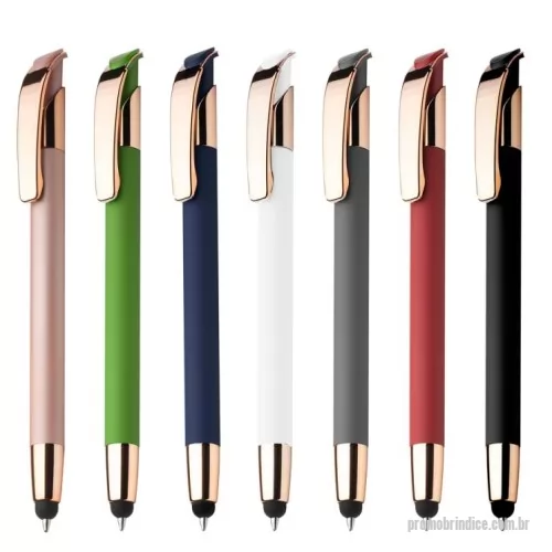 Caneta metálica personalizada - Caneta esferográfica em metal escrita em azul com detalhe em dourado rosé. Refil tipo parker e ponta touch emborrachada.